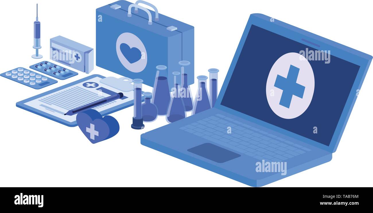 laptop and laboratory instruments isolated icon Stock Vector