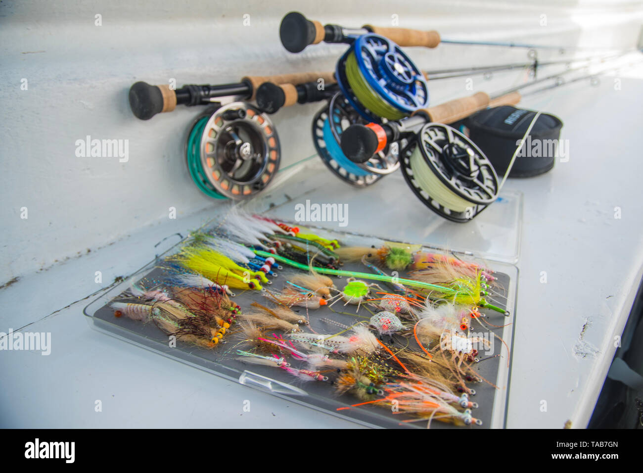 Saltwater fly fishing flies and fly rod and reel Stock Photo