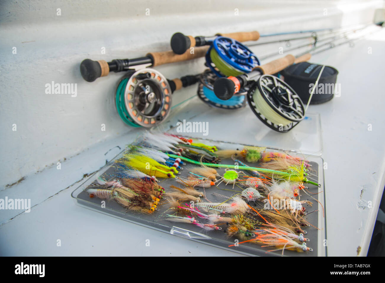 Saltwater fly fishing flies and fly rod and reel Stock Photo
