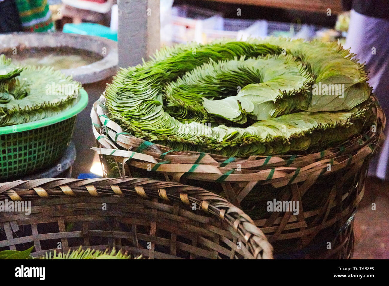Leaves for sale in Myanmar marketplace, used with seeds like chewing tobacco. Stock Photo