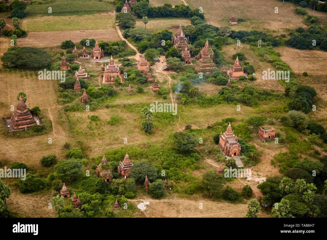 Aerial view of Buddhist temples in rural field in Bagan, Myanmar. Stock Photo