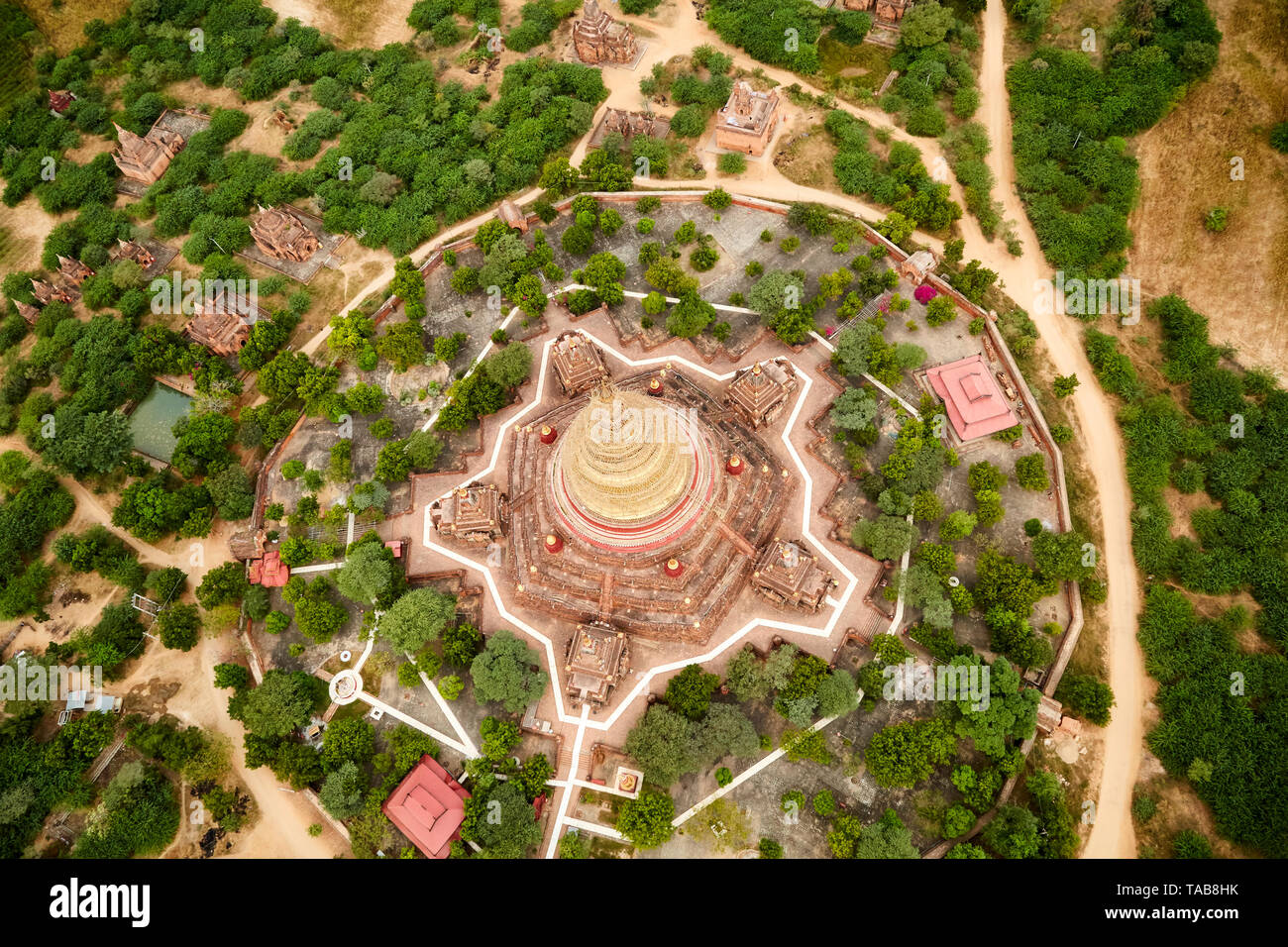 Aerial view of Buddhist temples in rural field in Bagan, Myanmar. Stock Photo