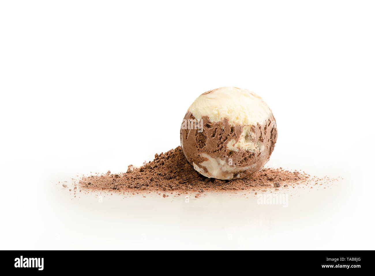 Ice cream ball, chocolate and vanilla flavor with ingredients, cocoa