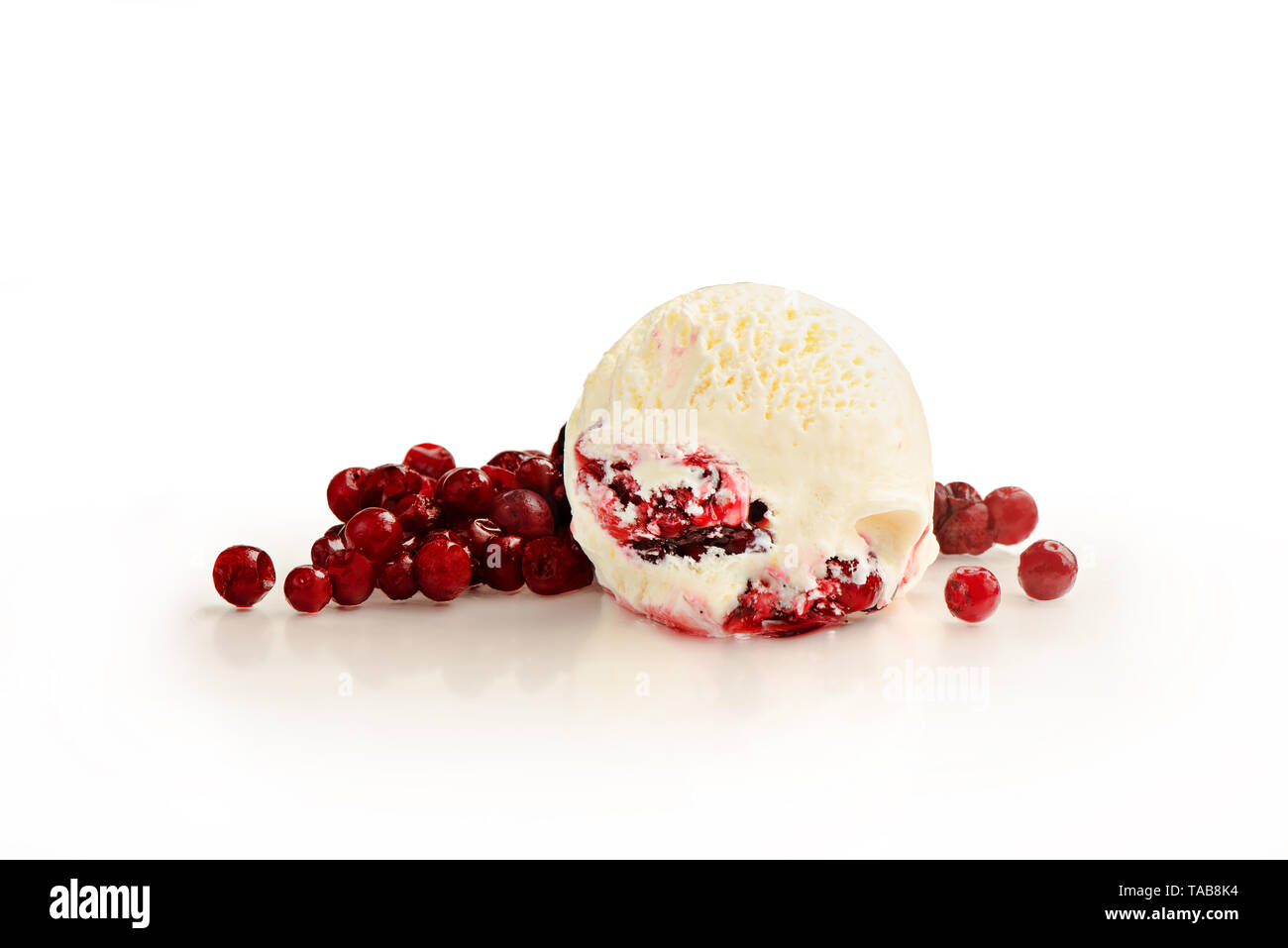 Ice cream ball, cranberry flavor with ingredients, isolated on a white background. Stock Photo