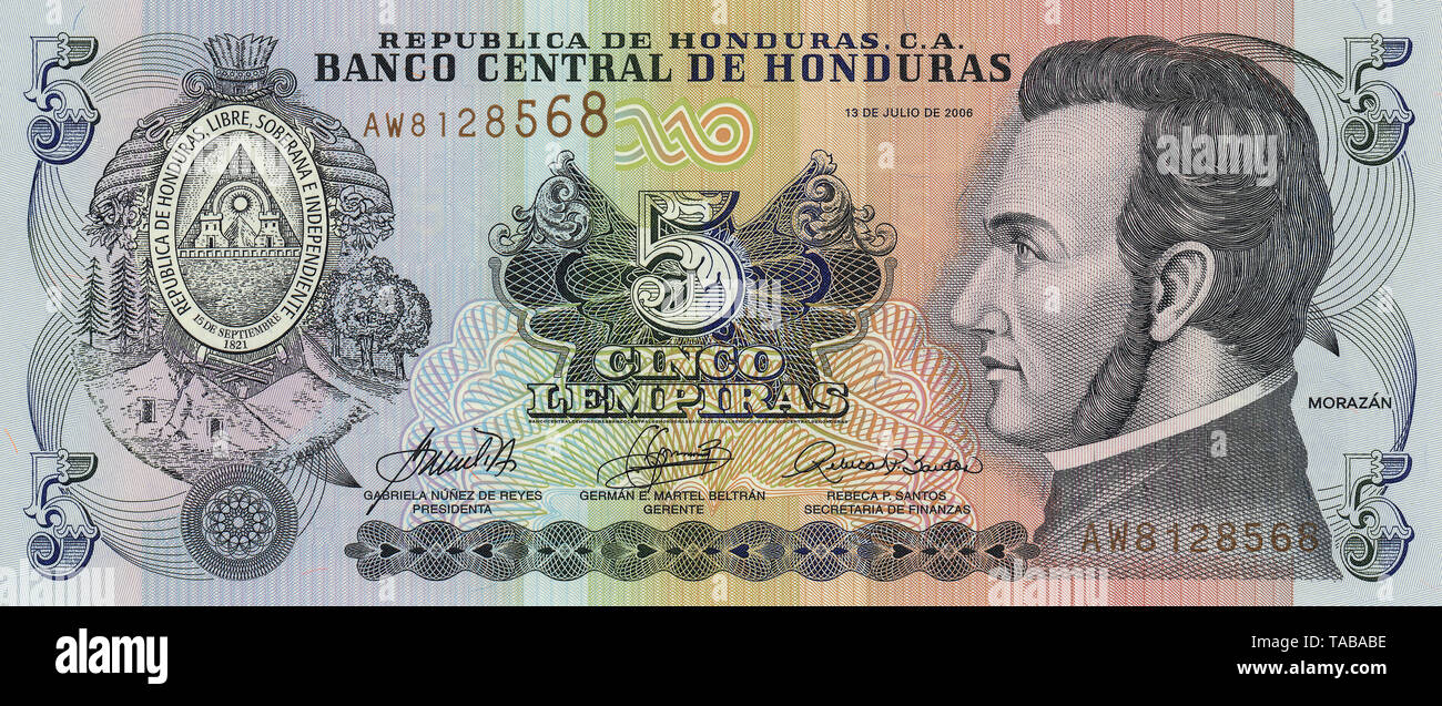 Banknote aus Honduras, 5  Lempira, General José Francisco Morazán Quezada, 2006 Stock Photo