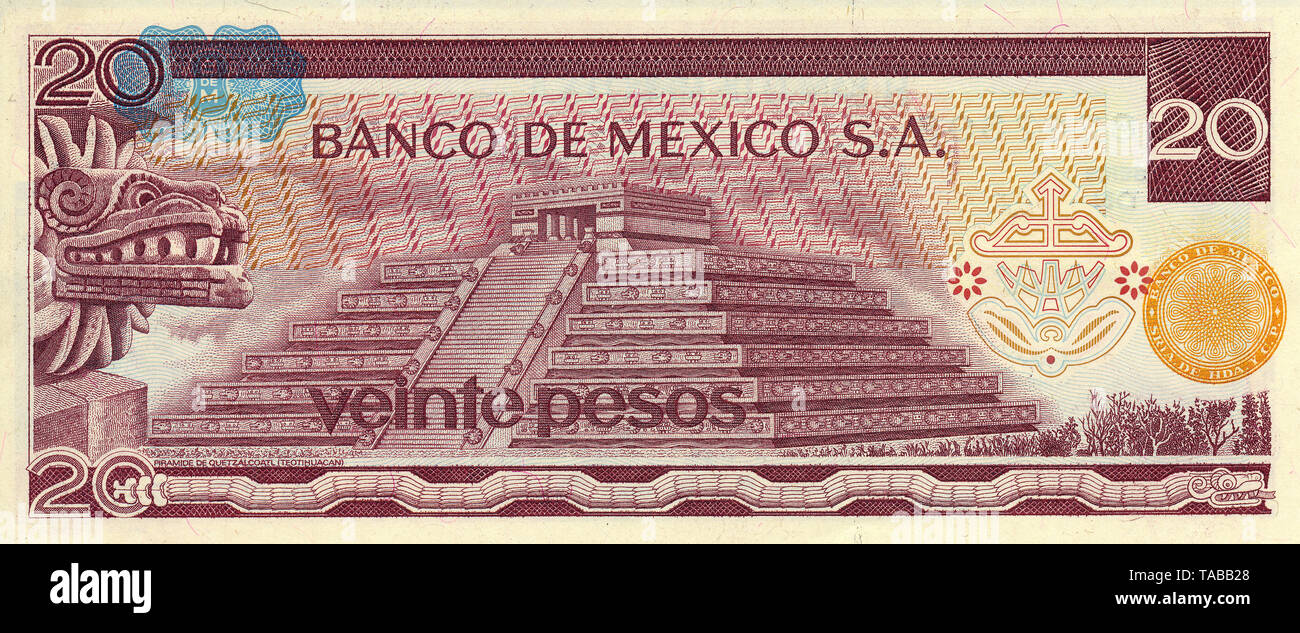 Banknote aus Mexiko, 20 Peso, die  Quetzalcóatl Pyramide  in Teotihuacán, 1977, Banknote from Mexico, 20 peso, Quetzalcóatl Pyramid in Teotihuacan, 1977 Stock Photo