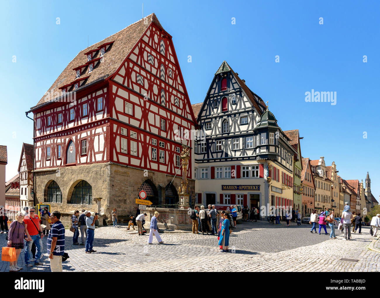 Two timbered houses on the Markplatz in Rothenburg ob der Tauber on a
