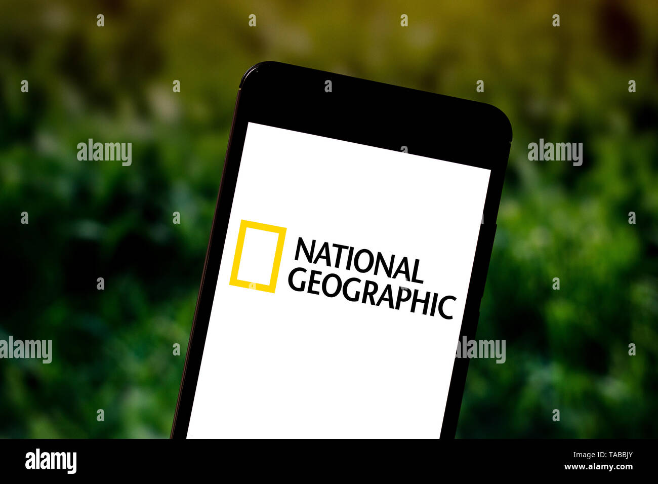 In this photo illustration the National Geographic logo is seen displayed on a smartphone. Stock Photo