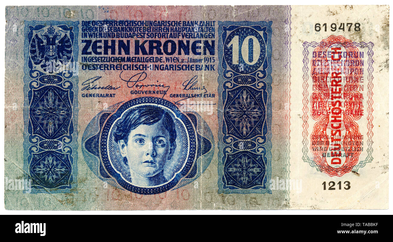 Historische Banknote, Österreich, Deutsches Reich - Deutsch-Österreich , Österreichisch-Ungarische Bank, Vorderseite in deutscher Sprache, 10 Kronen, 1915, Historic banknote, Austria, German Empire, Republic of German Austria, Austro-Hungarian Bank, German lettering on the front side, 10 koronas, Stock Photo