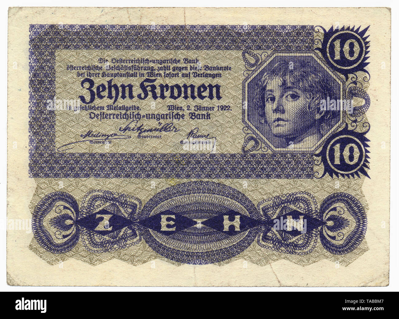 Historische Banknote, Österreich, Österreichisch-Ungarische Bank, 10 Kronen, 1922, Historic banknote, Austria, Austro-Hungarian Bank, 10 koronas Stock Photo