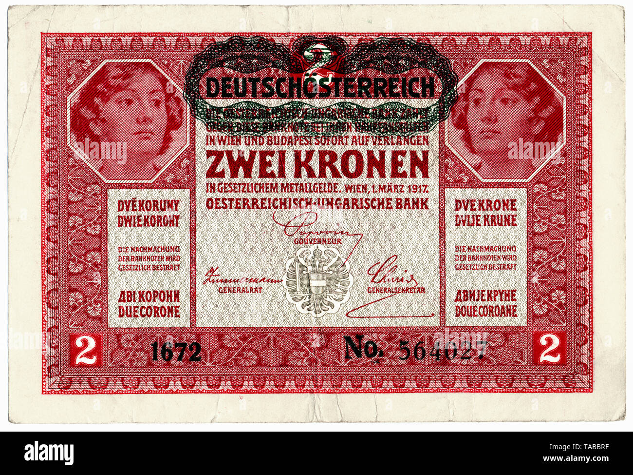 Historische Banknote, Österreich, Deutsches Reich - Deutsch-Österreich , Österreichisch-Ungarische Bank, Vorderseite in deutscher Sprache, 2 Kronen, 1917, Historic banknote, Austria, German Empire, Republic of German Austria, Austro-Hungarian bank, with german lettering, 2 koronas, 2 kronen, 1917 Stock Photo