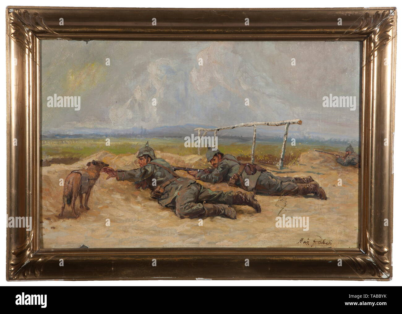 Geheimrat Prof. Dr. Max Rabes (1868 - 1944) 'Munitions' (62.5 x 40 cm), painting on wood depicting two World War I German Landsers (Infantrymen) with medical service dog. Artist signed lower left corner. Gilt plaster framed (50 x 75 cm). Max Rabes, born 17 April 1868 in Samter, Prussian province of Posen. Attended Munich School of Art under the tutorship of Paul Graeb, became an illustrator, sculptor, and artist. Best known for Orientalist paintings, but painted many Mediterranean scenes, and multiple World War I battle scenes showing German Land, Additional-Rights-Clearance-Info-Not-Available Stock Photo