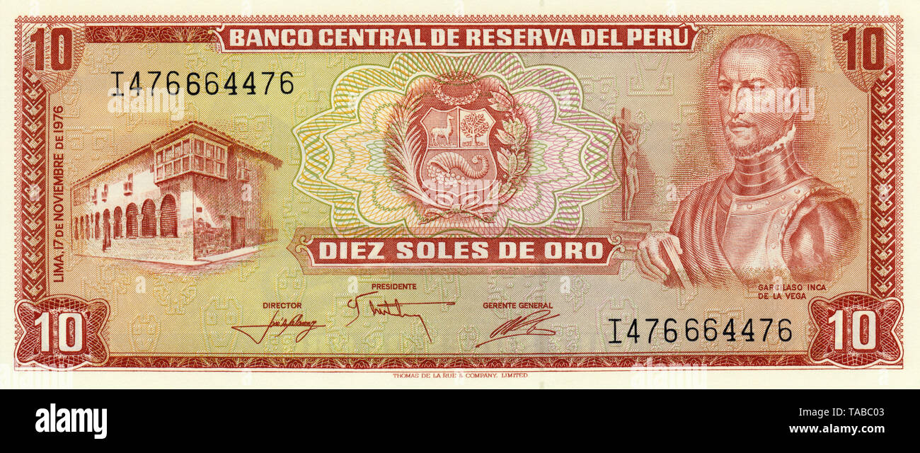 Banknote, Peru, 10 Sol, Inca Garcilaso de la Vega, 1976 Stock Photo