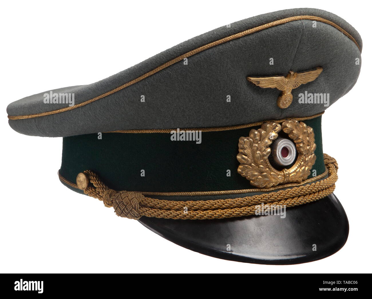 An army general's visor hat Field-grey fine doeskin top with a dark-green wool band, gold wire piping and gold wire chin cord. Gilt finished national emblem and wreath with vented cockade. Black vulcan fiber visor and champagne coloured satin lining with diamond shaped moisture shield imprinted, 'Offizier Kleiderkasse, Erel Sonderklasse Extra'. Dark-brown leather sweatband imprinted with Erel nomenclature. USA-lot, see page 4. historic, historical, army, armies, armed forces, military, militaria, 20th century, Editorial-Use-Only Stock Photo