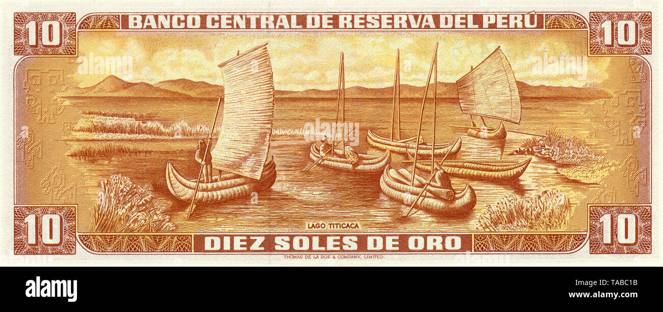 Banknote, Peru, 10 Sol, Boote aus Totora-Schilf auf dem Titicaca-See, 1976 Stock Photo