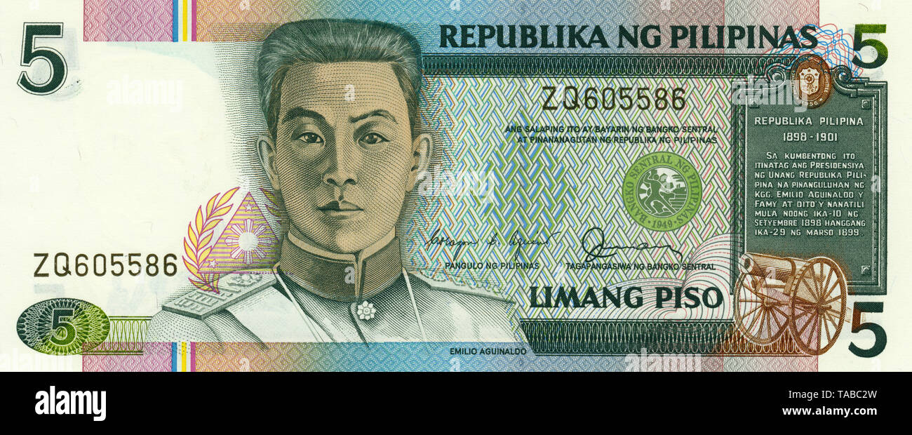 Banknote aus den Philippinen, 5 Peso, Piso, Emilio Aguinaldo y Famy, 2006, Bank note from the Philippines Stock Photo