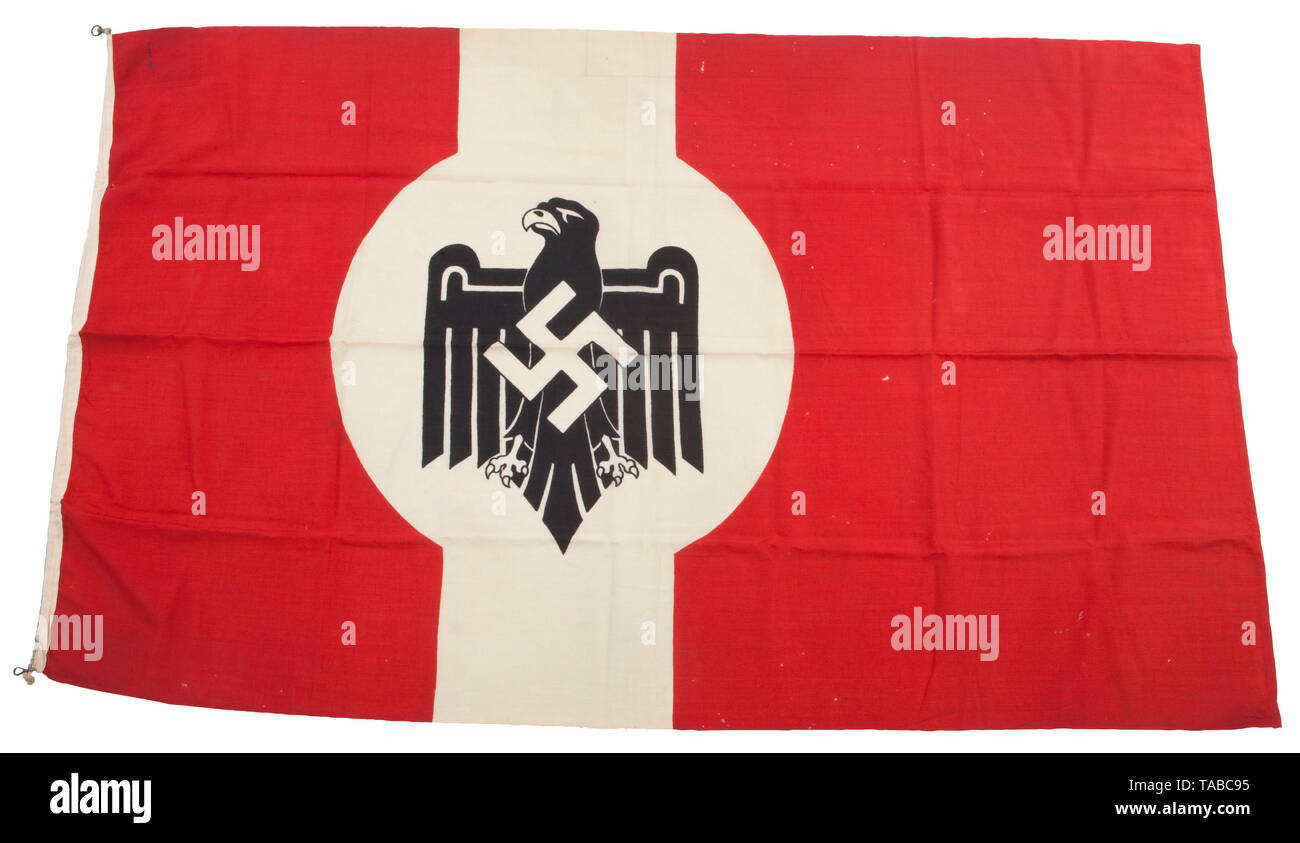 An NSRL/DRL sports flag Double-sided, printed linen red field with black and white printed NSRL eagle. Hoist edge with white bunting and two attachment clips (one replaced). Black ink-stamped in upper left corner 'Ges. Gesch.' Several small holes. Dimensions 200 x 115 cm. USA-lot, see page 4. historic, historical, 20th century, Additional-Rights-Clearance-Info-Not-Available Stock Photo