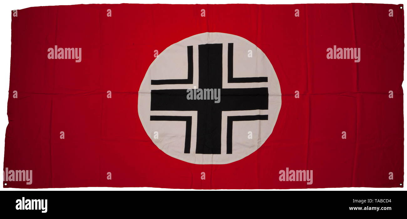 A field and vehicle identification flag Single-sided, multi-piece, red cotton construction. Printed black Baltic cross on applied white circular field. Retains two brass mounting grommets. Dimensions approximately 200 x 100 cm. USA-lot, see page 4. historic, historical, 20th century, 1940s, Wehrmacht, armed forces, army, NS, National Socialism, Nazism, Third Reich, German Reich, Germany, Editorial-Use-Only Stock Photo