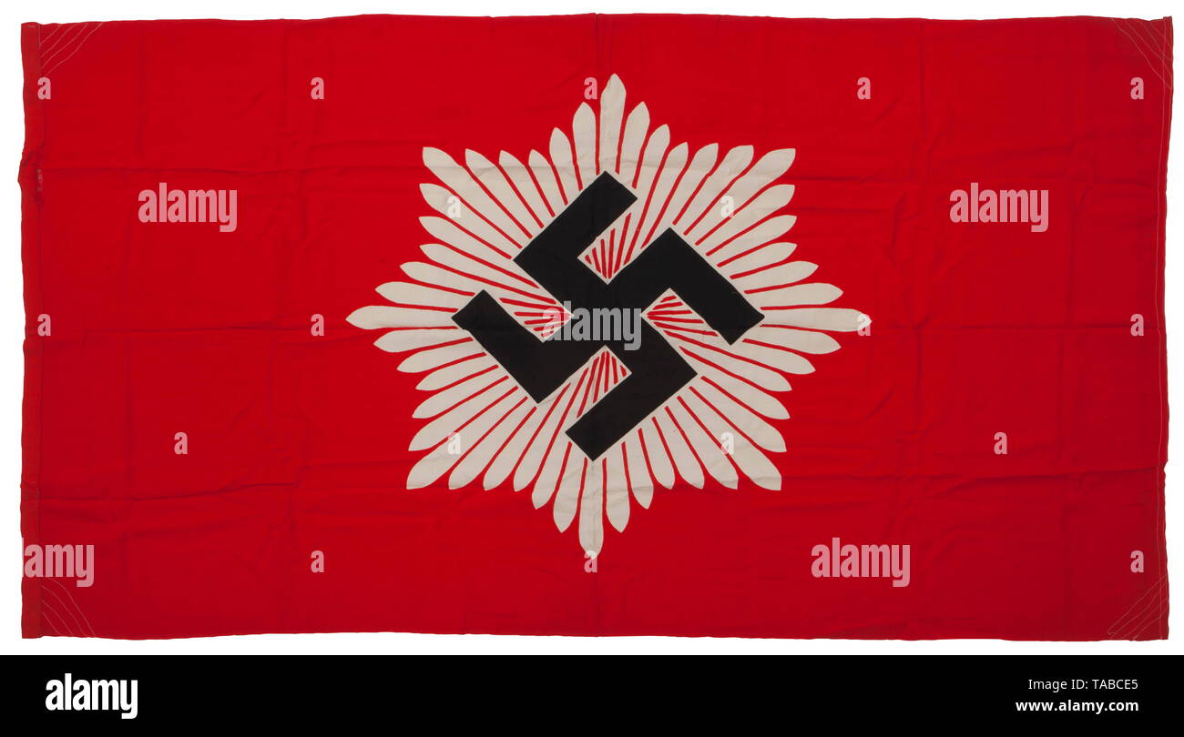 An RLB flag, 2nd pattern Double-sided, red cotton construction. Printed black swastika and white starburst rays. 12 cm tear in bunting. Approximately 200 x 115 cm. USA-lot, see page 4. historic, historical, Reichsluftschutzbund, State Air Protection Corps, organisation, organization, organizations, organisations, NS, National Socialism, Nazism, Third Reich, German Reich, Germany, utilities, accessory, accessories, utensil, piece of equipment, utensils, object, objects, stills, clipping, clippings, cut out, cut-out, cut-outs, National Socialist, Nazi, Nazi period, fascism, f, Editorial-Use-Only Stock Photo