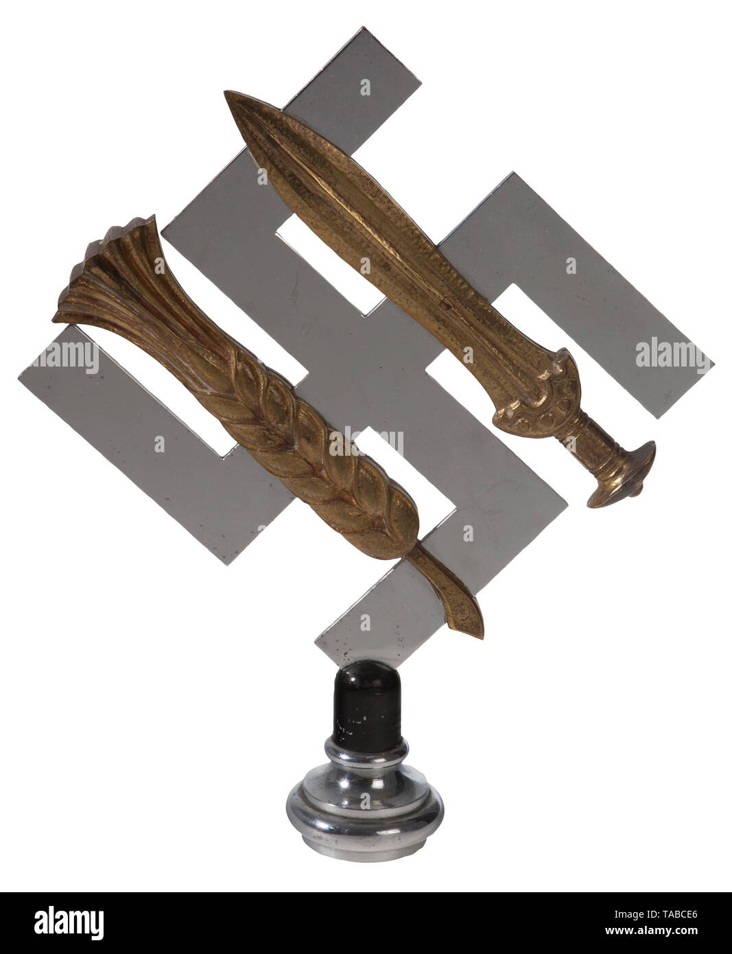 A Reichsnährstand pole top Nickel-plated swastika superimposed with gilded Germanic tribe sword and wheat sheaf. Edge of swastika's lower arm stamped, 'Ges. Gesch.', 'Priessen Rauer & Co München'. Without pole cup. Height 26 cm. USA-lot, see page 4. historic, historical, organisations, organizations, organization, organisation 20th century, Additional-Rights-Clearance-Info-Not-Available Stock Photo