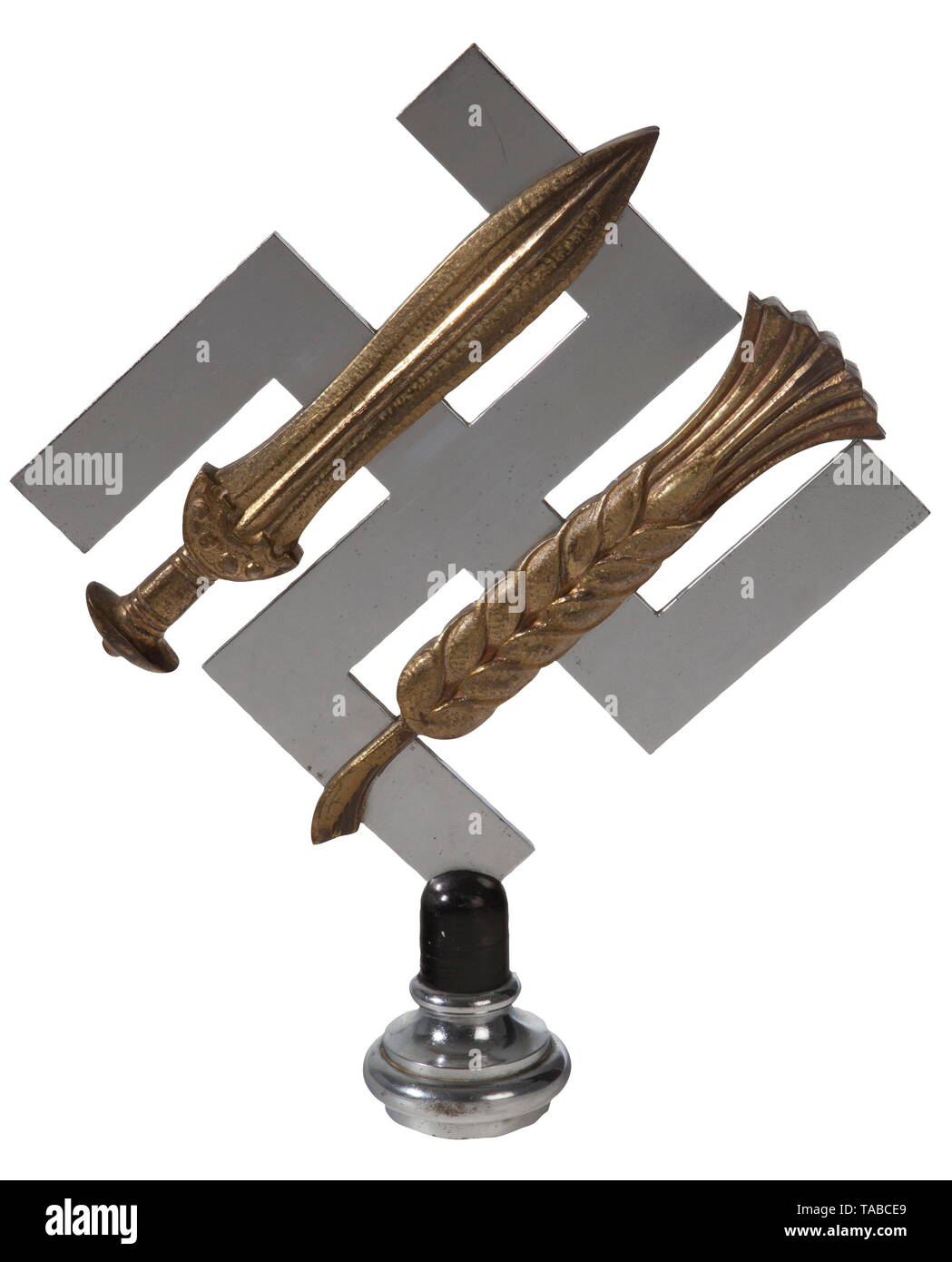 A Reichsnährstand pole top Nickel-plated swastika superimposed with gilded Germanic tribe sword and wheat sheaf. Edge of swastika's lower arm stamped, 'Ges. Gesch.', 'Priessen Rauer & Co München'. Without pole cup. Height 26 cm. USA-lot, see page 4. historic, historical, organisations, organizations, organization, organisation 20th century, Additional-Rights-Clearance-Info-Not-Available Stock Photo