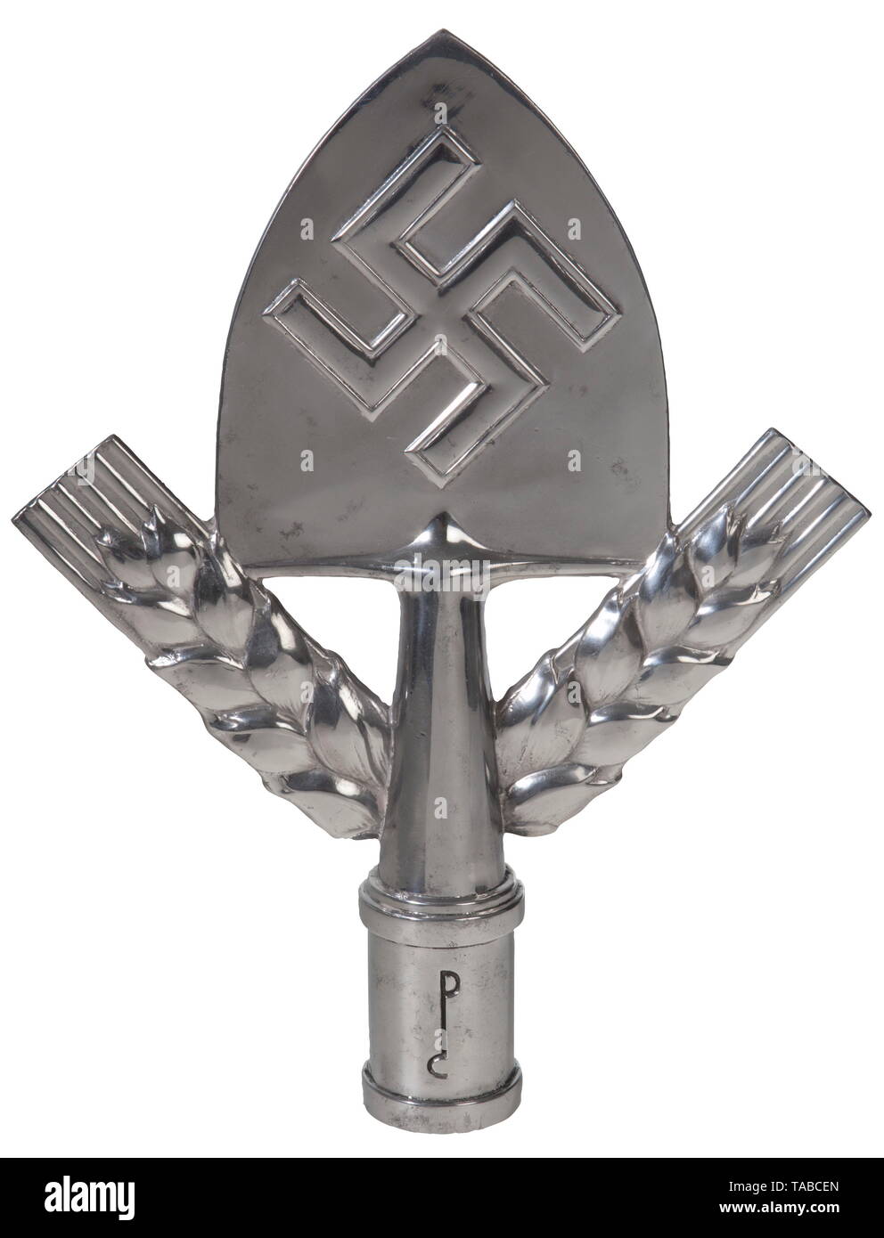 An RAD pole top Polished aluminium spade with swastika and wheat sheaves  with pole cup stamped with designer's initials "PC" and on bottom edge  "Ges. Gesch", "JMME & SOHN". Height 30 cm.