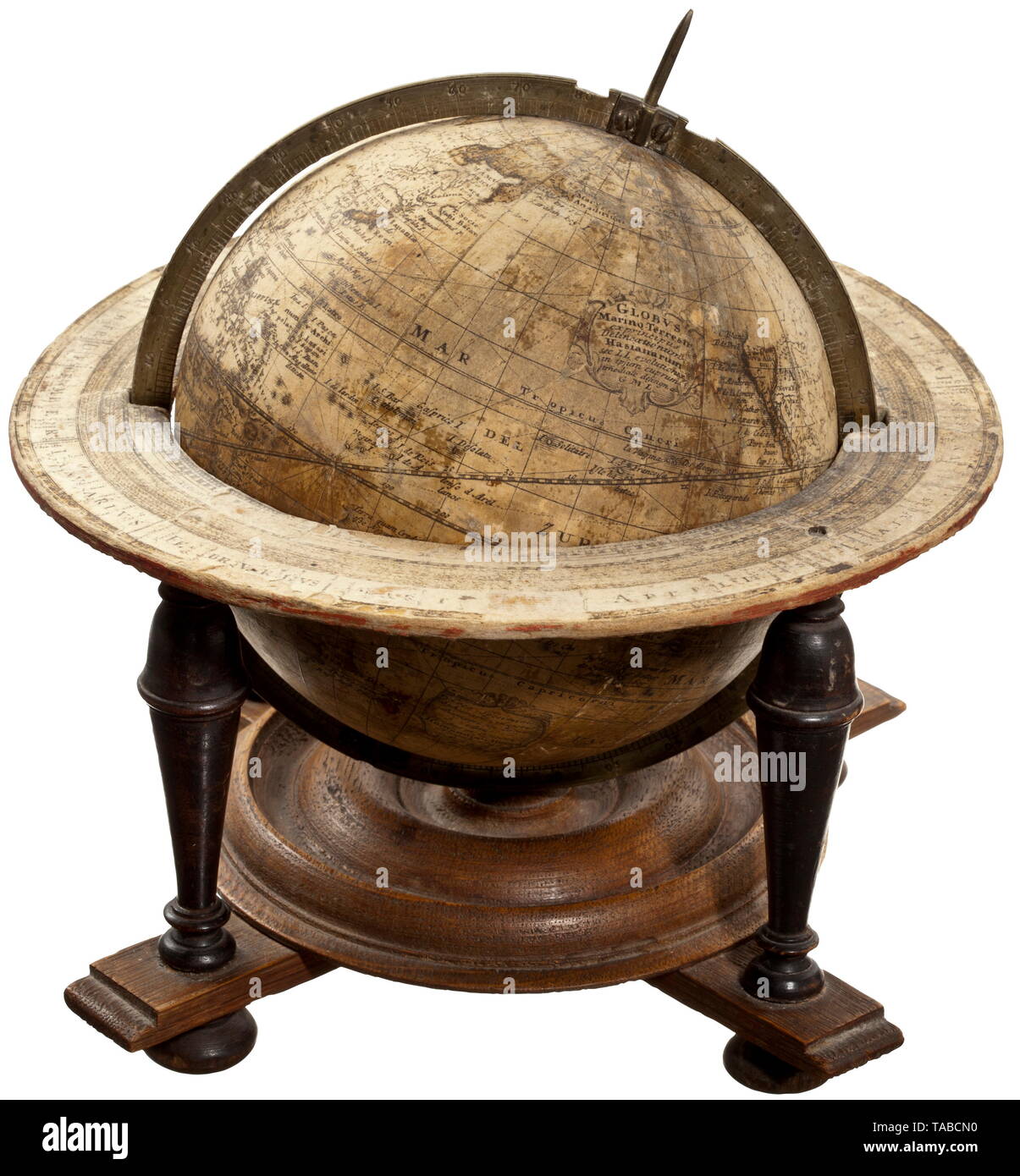 A table globe, Nuremberg, dated 1747 Hollow wrought, the entire surface applied with paper, the map finely copper engraved, the country borders partly coloured by hand. Two cartouches in baroque script with maker designation 'Hommanian Hered - Norimb. 1747'. Brass ring with engraved degree graduation. Original, wooden stand with finely turned columns, paperboard appliqué with a fine copper-engraved scale on the upper side. Height 21 cm, globe diameter 13 cm. The copper engraving in part heavily faded, the North American area of the globe heavily , Additional-Rights-Clearance-Info-Not-Available Stock Photo