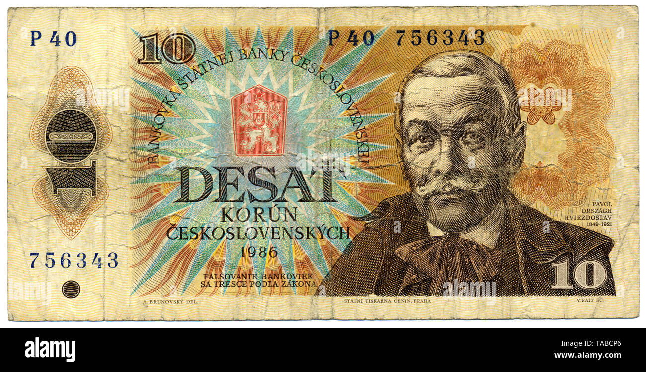 Historische Banknote, 10 Korun (Kronen), der slowakischer Dichter Pavol Országh Hviezdoslav, 1986, Tschechoslowakei, Europa, Historic banknote, Czech koruna, Czechoslovakia Stock Photo