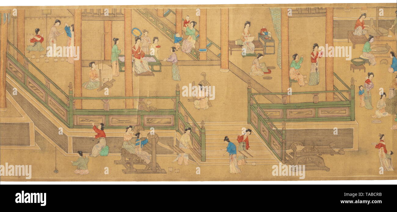 A Chinese scroll painting, probably Yuan dynasty(?) Detailed polychrome multi-figured depiction of silk making, from harvesting the silkworm cocoons to weaving the textiles. Colourful painting on silk, doubled on paper and furbished with contrast mattes of silk damast, signed 'Wang Zhenpeng'. Dimensions 640 cm x 30 cm. In a wooden protective holder with sliding cover. historic, historical, China, Chinese, Additional-Rights-Clearance-Info-Not-Available Stock Photo
