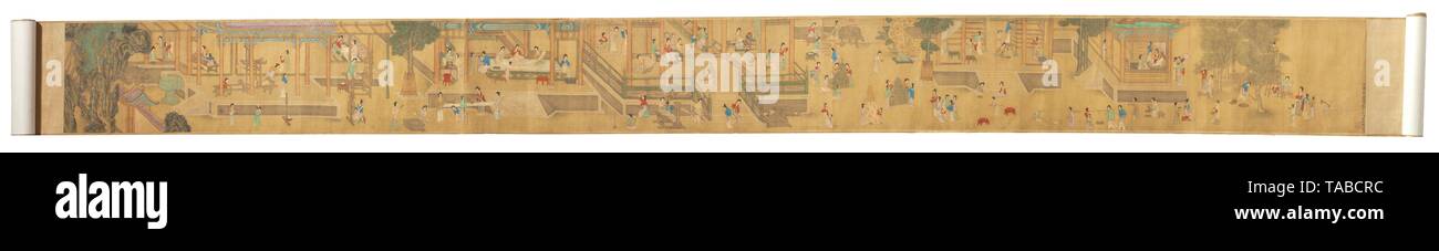 A Chinese scroll painting, probably Yuan dynasty(?) Detailed polychrome multi-figured depiction of silk making, from harvesting the silkworm cocoons to weaving the textiles. Colourful painting on silk, doubled on paper and furbished with contrast mattes of silk damast, signed 'Wang Zhenpeng'. Dimensions 640 cm x 30 cm. In a wooden protective holder with sliding cover. historic, historical, China, Chinese, Additional-Rights-Clearance-Info-Not-Available Stock Photo