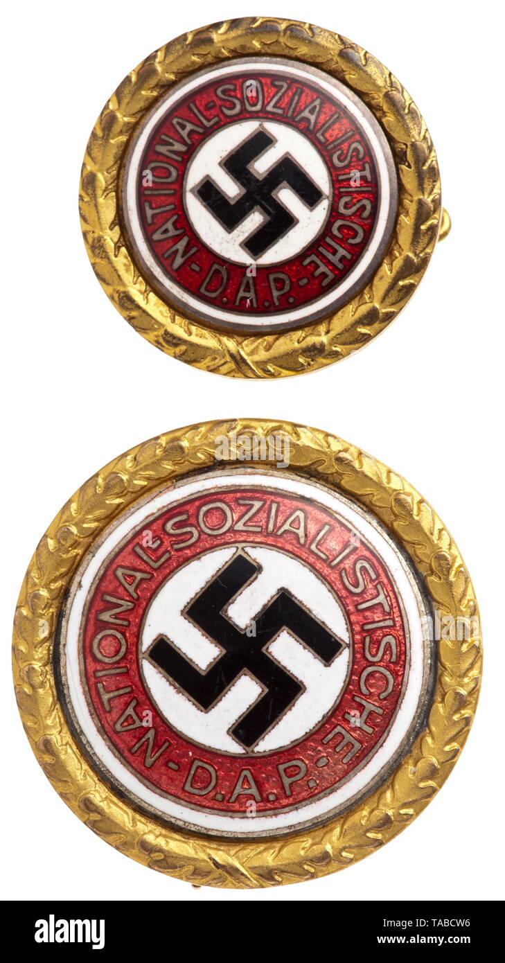 The estate of political leader Josef Anzenhofer of Markt Oberndorf Two sets of the Golden Honour Badge of the NSDAP (Goldenes Parteiabzeichen, tr. Golden Party Badge). One set with complete reverse member number '72481', the large badge (30 mm) in hollow worked issue by the Deschler firm in Munich with variant attachment pin system. 20th century, Editorial-Use-Only Stock Photo