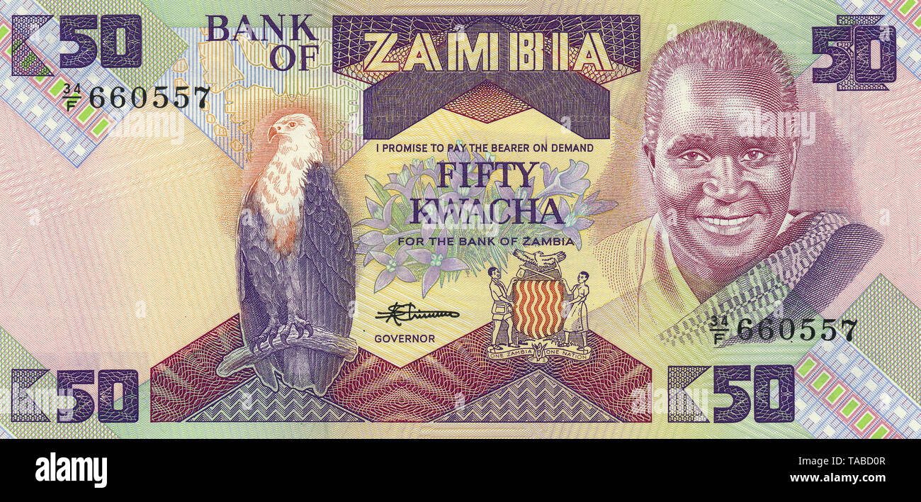 Banknote aus Sambia, 50 Kwacha, Kenneth David Kaunda, 1986, Banknote from Zambia, 50 kwacha, Kenneth David Kaunda, 1986 Stock Photo