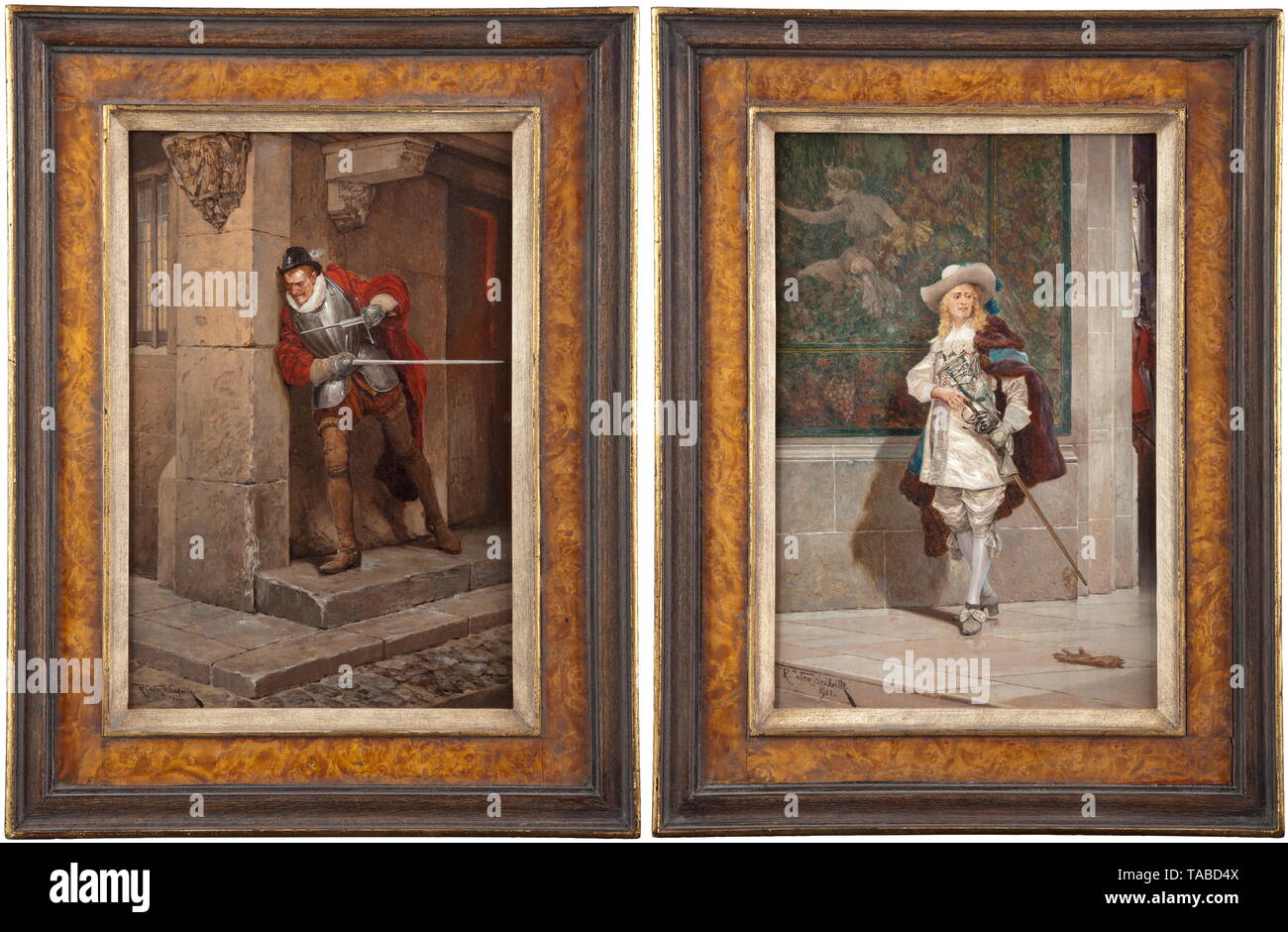Richard Caton-Woodville jr. (1856 - 1927) - two paintings Oil on wood, both in partially gilt profile frames. Image dimensions each 19 x 27 cm, framed dimensions 27 x 36 cm. 'Die Herausforderung' (tr. 'The Challenge'): depiction of a courtier from the time of King Charles I (1600 - 1649) reaching for his sword, his eyes fixed on a thrown-down glove. 'Der Angreifer' (tr. 'The Assailant'): depiction of a figure lurking in ambush, wearing half-armour and armed with a bell rapier and a left-handed dagger. Caton-Woodville was raised in St. Petersburg,, Additional-Rights-Clearance-Info-Not-Available Stock Photo