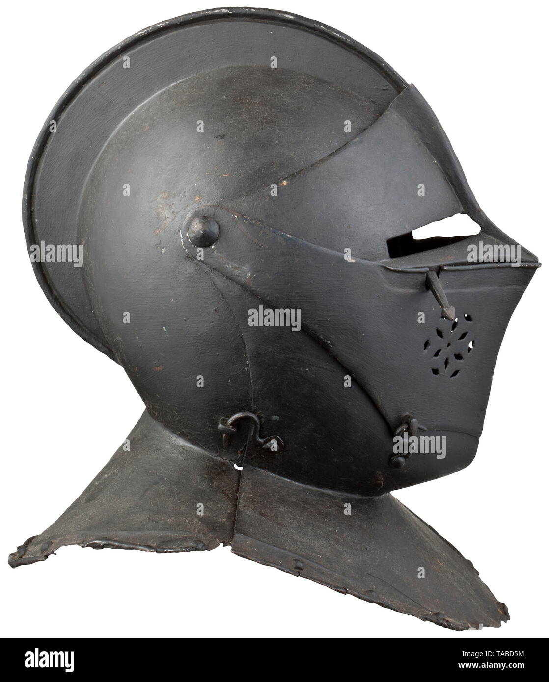 A cuirassier close helmet, Hannover, circa 1620 Rounded skull formed in two pieces and joined along the crest of a high medial comb, visor, bevor and lower bevor attached by common pivots, the visor with broad centrally divided vision-slot and fitted at the right with a lifting-peg, the bevor pierced on each side with a circular lozenge-shaped arrangement of ventilation holes and secured by a hook-and-eye catch, single deep gorget-plate front and rear each with recessed border (chips). Height 35 cm. Handpainted inventory no. '1.5'. Provenance: Ro, Additional-Rights-Clearance-Info-Not-Available Stock Photo