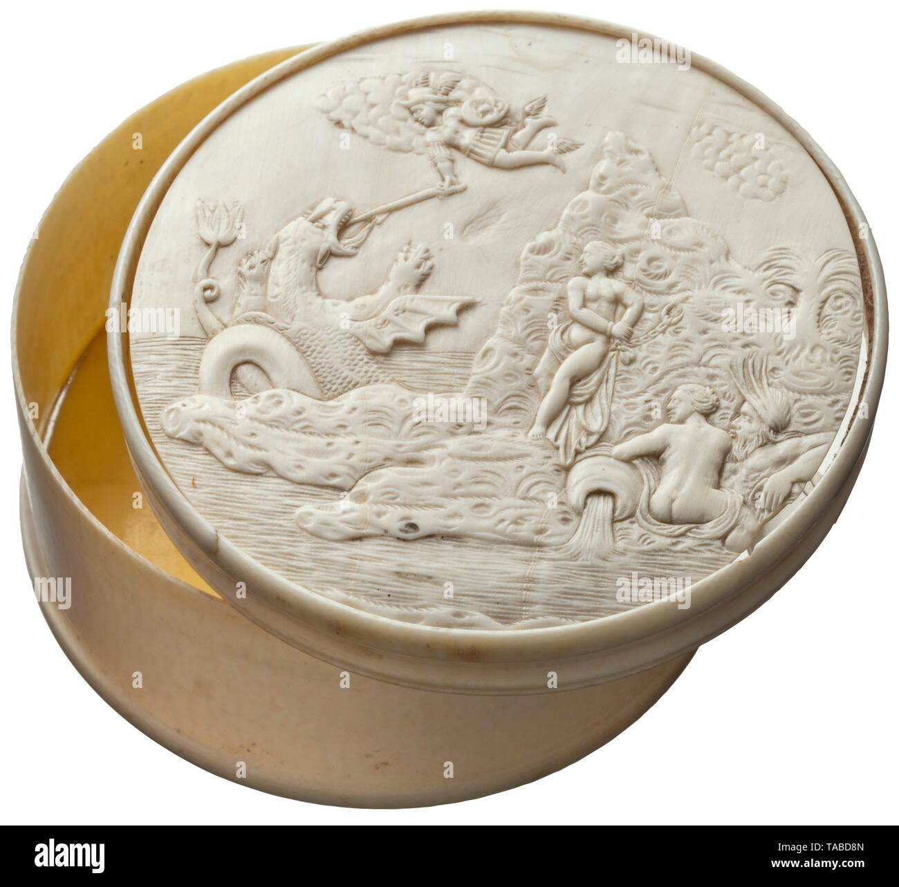 A German ivory box, circa 1700 Cylindrical body with inserted base, hooded lid, the surface with a depiction of Perseus and Andromeda in fine relief work, the foreground with the princess chained to a rock next to Perseus in battle with the sea monster Cetus, at right Neptune with a sea nymph. The base with a repaired break, the wall fissured on one side. Height 5.5 cm, diameter 11.2 cm. historic, historical, handicrafts, handcraft, craft, object, objects, stills, clipping, clippings, cut out, cut-out, cut-outs, 18th century, Additional-Rights-Clearance-Info-Not-Available Stock Photo