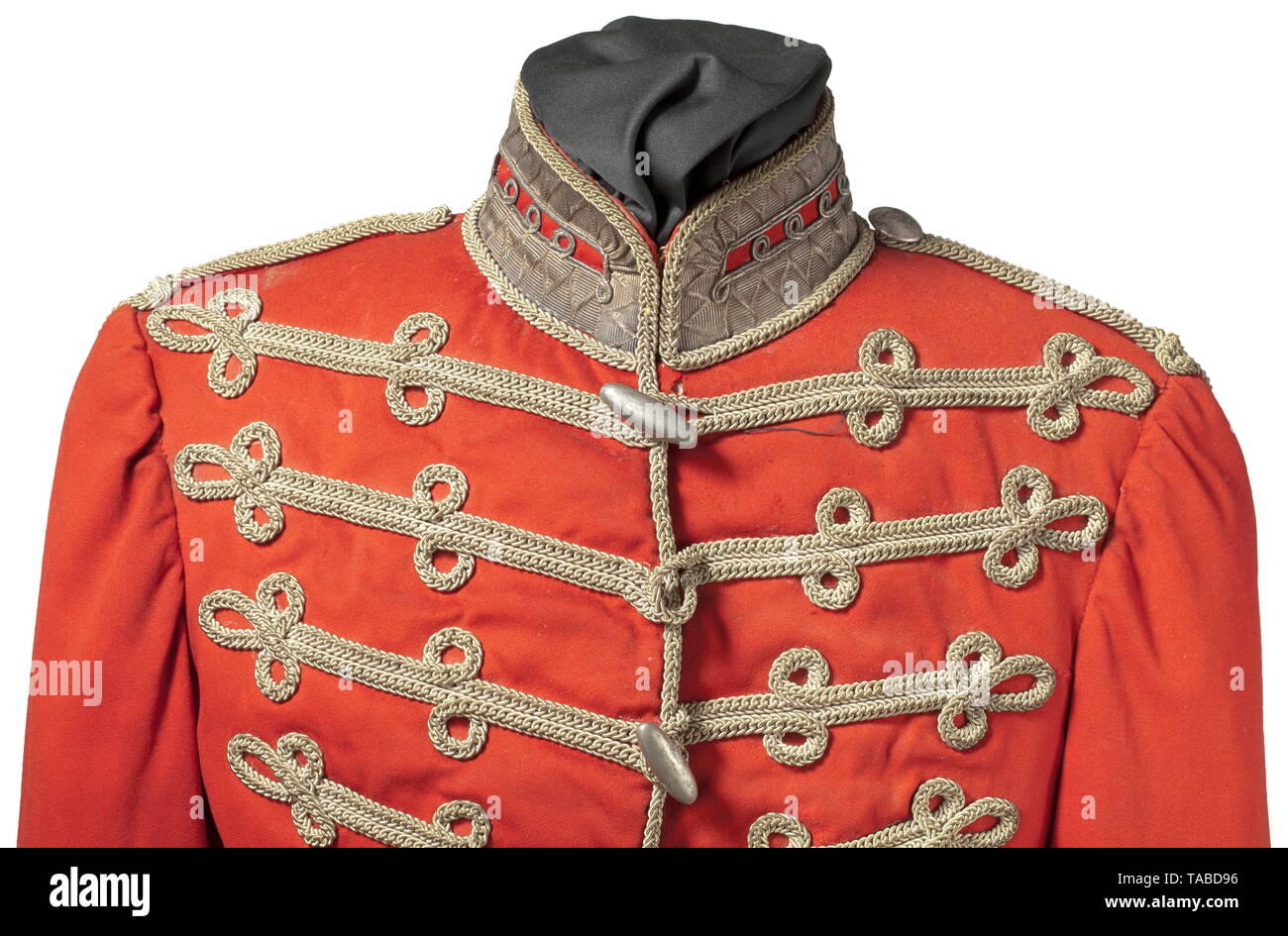 An attila for Russian or Bulgarian hussar officers, probably 2nd half of the 19th century Fine, red cloth, silver cord braiding, cuff- and collar facings with beautiful and well-preserved silver lace and braid trim, silver metal toggles (a few missing). Light velvet liner, re-worked in areas, light moth traces. historic, historical, 19th century, Additional-Rights-Clearance-Info-Not-Available Stock Photo