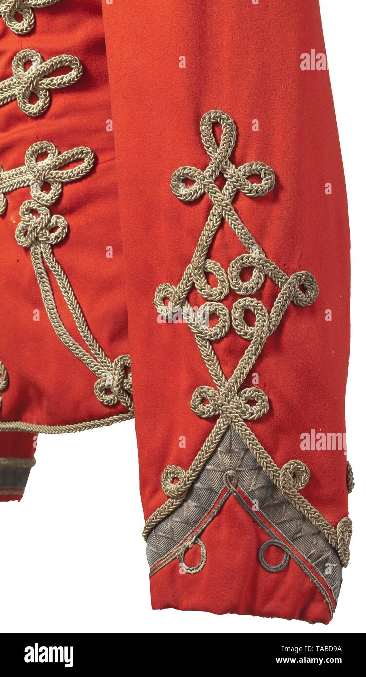 An attila for Russian or Bulgarian hussar officers, probably 2nd half of the 19th century Fine, red cloth, silver cord braiding, cuff- and collar facings with beautiful and well-preserved silver lace and braid trim, silver metal toggles (a few missing). Light velvet liner, re-worked in areas, light moth traces. historic, historical, 19th century, Additional-Rights-Clearance-Info-Not-Available Stock Photo