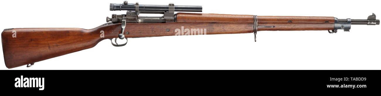 A Springfield Mod. 1903 with Weaver rifle scope Cal..308, no. 372234  (covered). Good barrel. British proof tested. Milled bolt handle. Original  phosphating, partial minor staining. Walnut stock. With all swivel rings.  Mounted