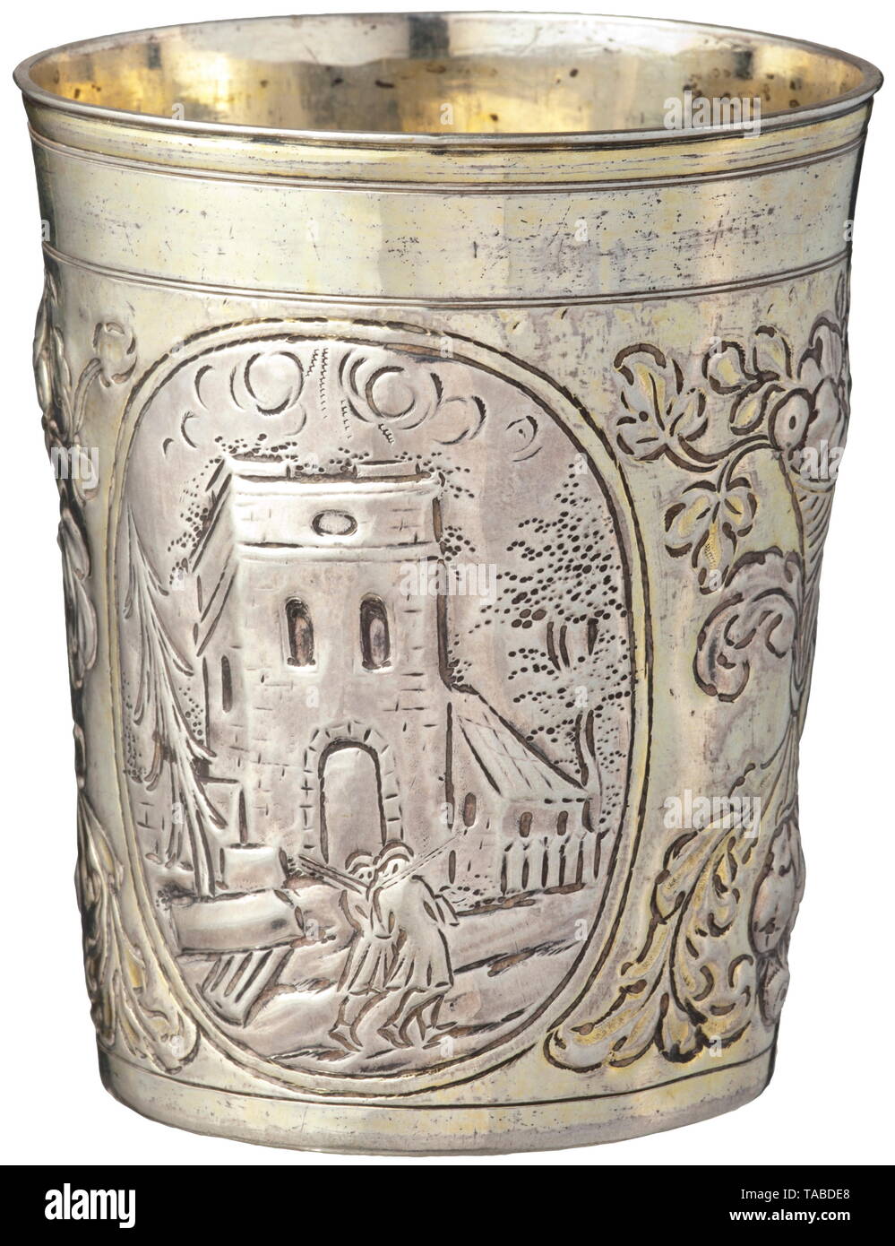 A silver beaker, Augsburg, late 17th century Partially gilt beaker with chased architectural and landscape decoration amidst floral ornaments. The bottom with Augsburg city mark, master's mark 'IL' (for Johann Joachim Lutz, master 1687, died 1727) and assayer's mark. Height 9.7 cm, weight 152.8 g. historic, historical, handicrafts, handcraft, craft, object, objects, stills, clipping, clippings, cut out, cut-out, cut-outs, Additional-Rights-Clearance-Info-Not-Available Stock Photo