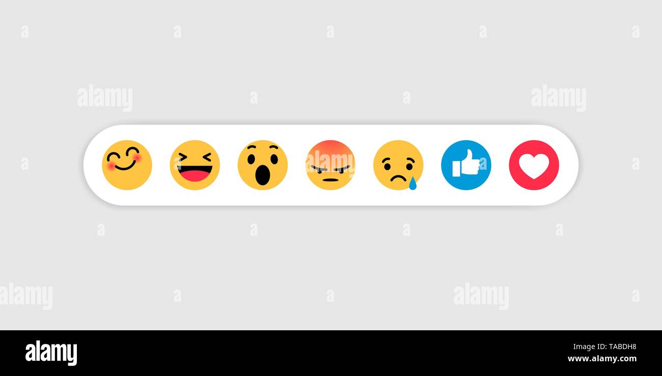 Smiley face, thumbs up, heart. Funny flat emoji emoticon reactions. Social smile expression collection. Yellow color smiling, crying, angry, afraid Stock Vector