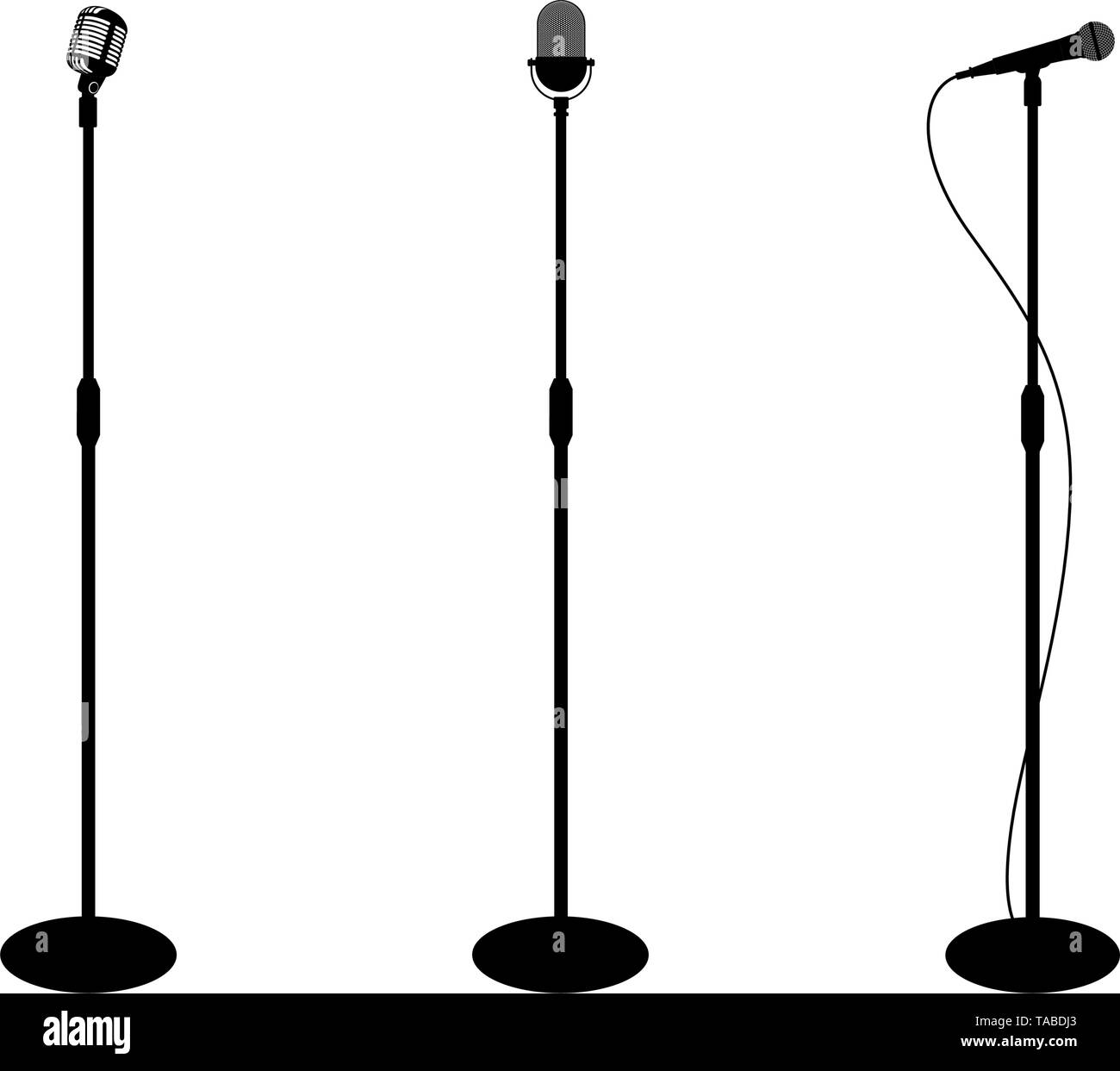 Three microphones on counter. White background. Silhouette microphone. Music icon, mic. Flat design, vector illustration Stock Vector