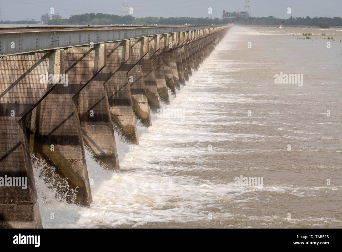 Norco, Louisiana - The U.S. Army Corps of Engineers opened the Bonnet CarrÃ© Spillway to protect New Orleans from Mississippi River flooding. The spil Stock Photo