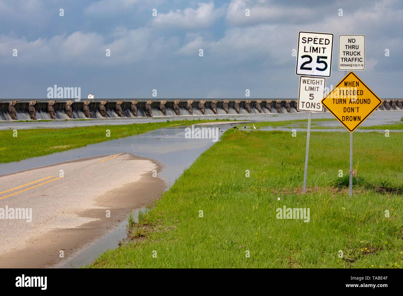 Norco, Louisiana - The U.S. Army Corps of Engineers opened the Bonnet CarrÃ© Spillway to protect New Orleans from Mississippi River flooding. The spil Stock Photo