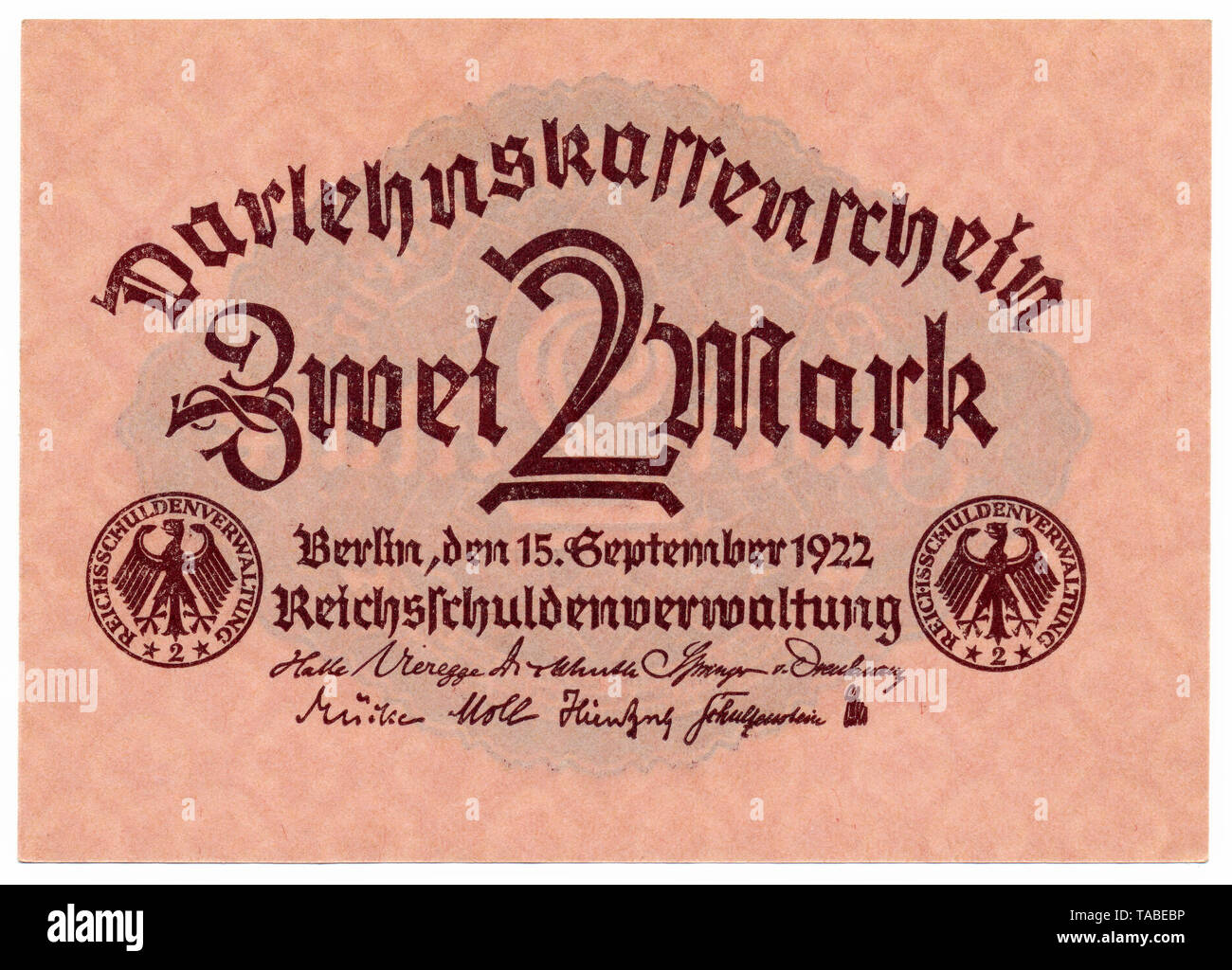 Historischer Geldschein, Darlehnskassenschein, Reichsschuldenverwaltung, 2 Mark, 1922,  Deutschland, Europa Stock Photo