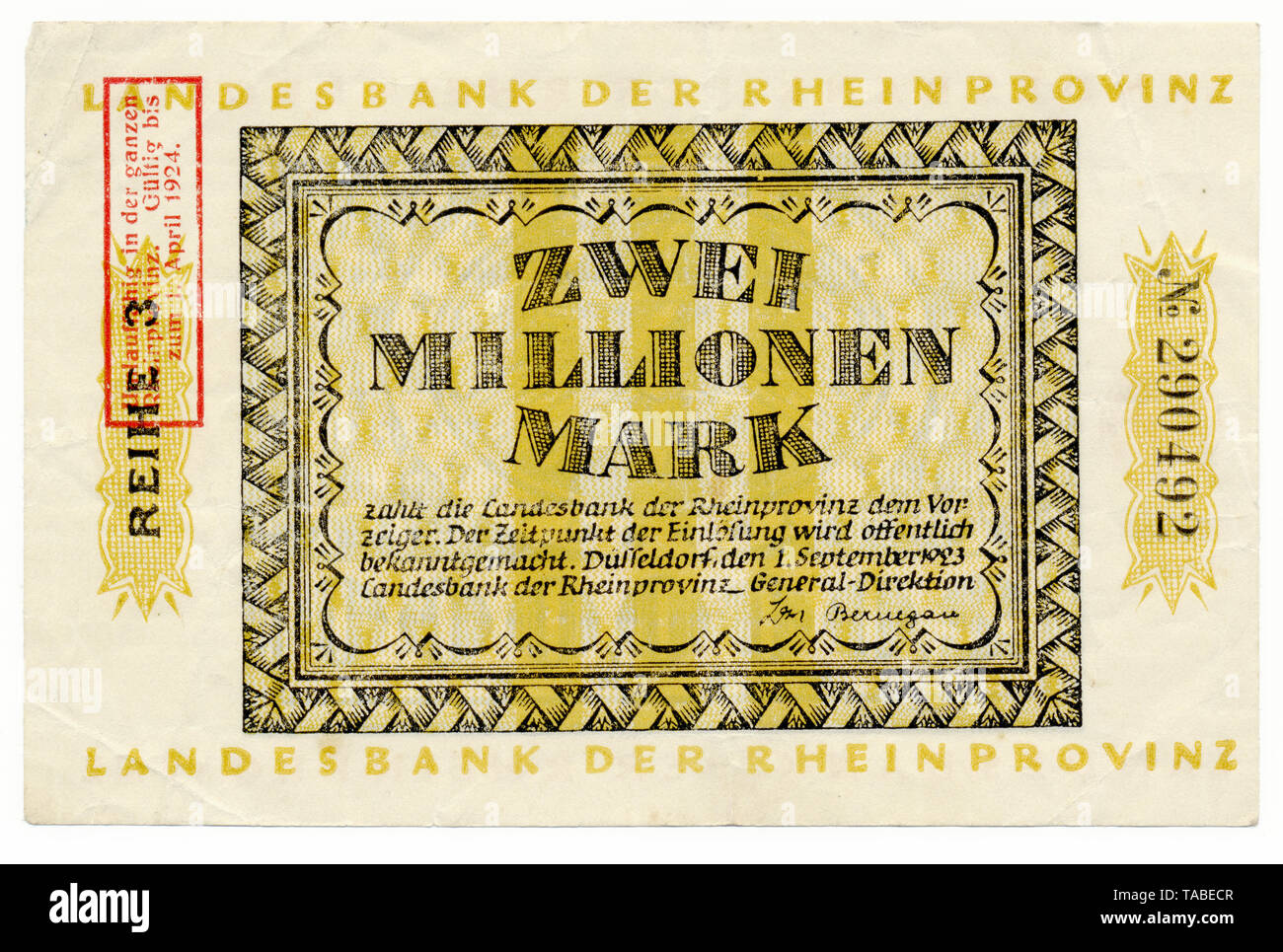 Front of a Reichsbank banknote, Vorderseite einer Banknote, Landesbank der Rheinprovinz, 2 Millionen Mark, 1924, Inflationsgeld, Deutschland, Europa Stock Photo