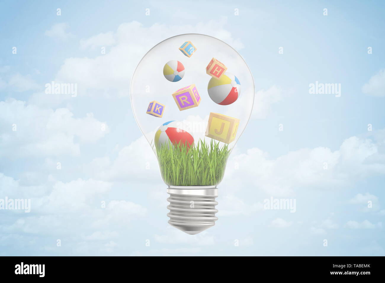 3d rendering of alphabet toy blocks and balls on green grass inside of ...