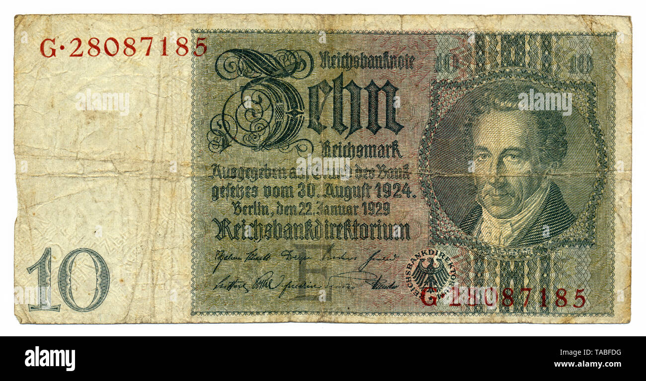 Front of Reichsbank banknote, Vorderseite, Reichsbanknote, 20 RM (Reichsmark), 1929, Deutschland, Europa Stock Photo