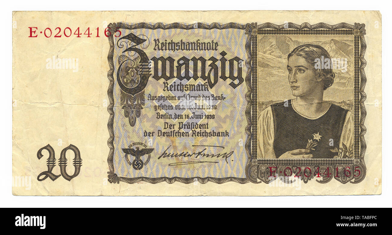 Front of a Reichsbank banknote, Vorderseite, Reichsbanknote, 20 RM (Reichsmark), 1939, Deutschland, Europa Stock Photo