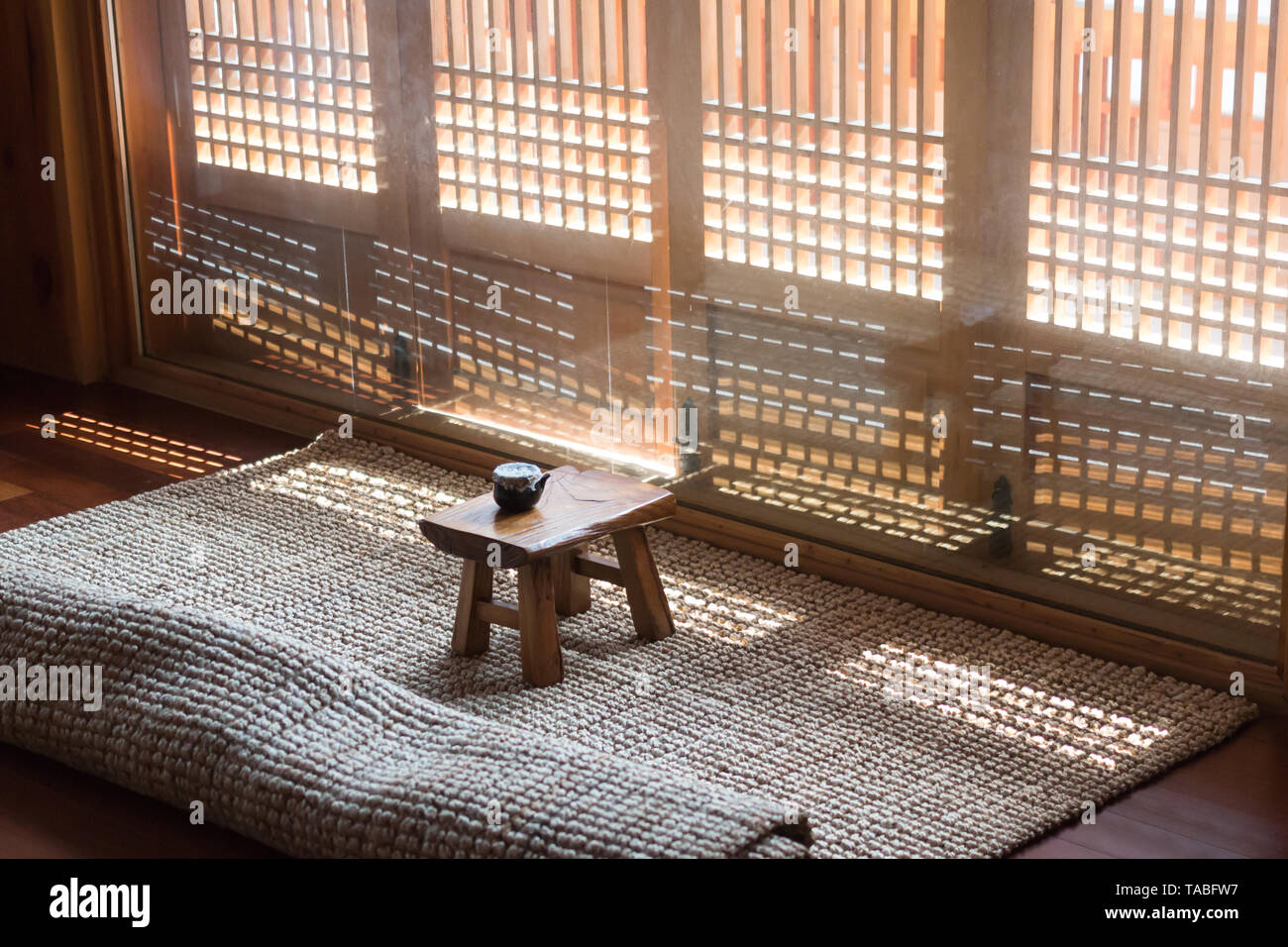 Korean Traditional Wooden Tea Table With Sunlight Through
