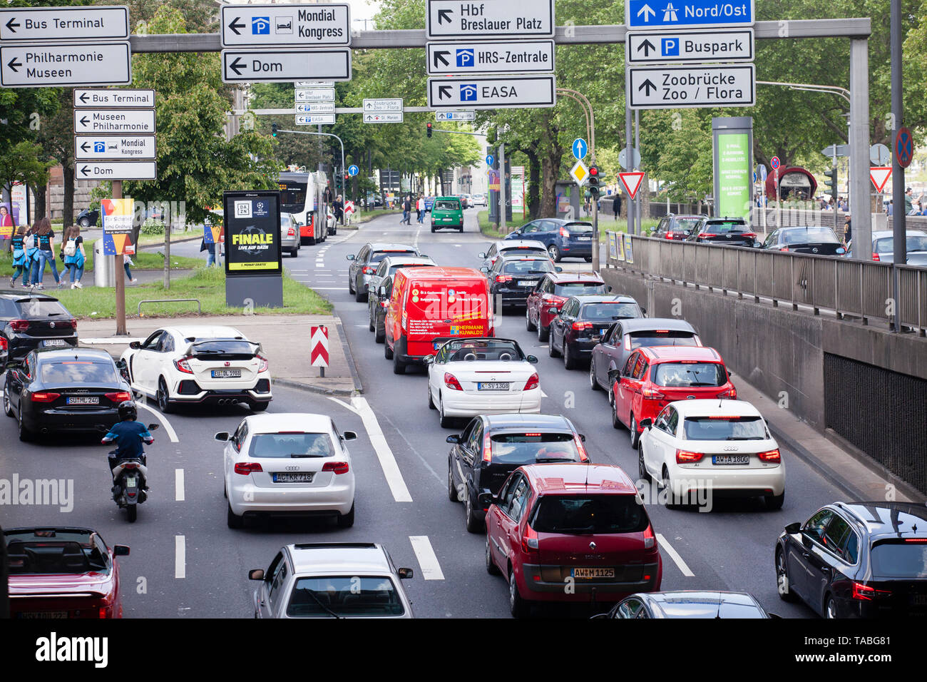 traffic jam on the Rheinufer street, exit from the Rheinufer tunnel heading north, Cologne, Germany.  Stau auf der Rheinuferstrasse, Ausfahrt aus dem  Stock Photo